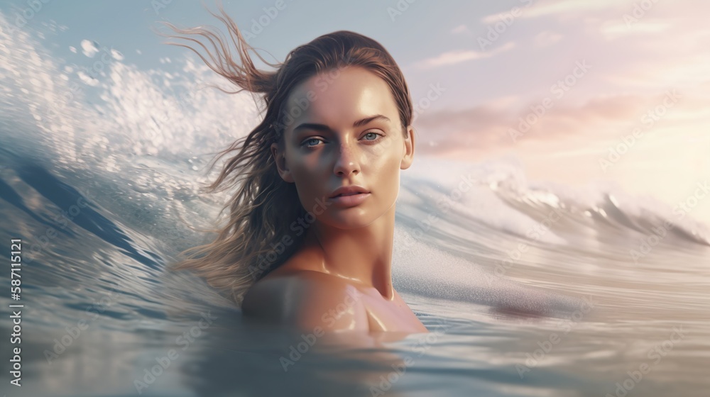 surfer girl in waves looks with the beauty head portraot out of the Water AI Generative