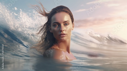 surfer girl in waves looks with the beauty head portraot out of the Water AI Generative