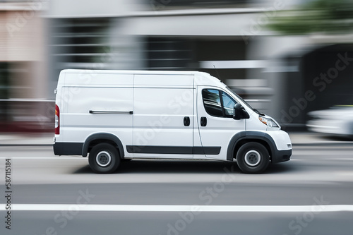 white cargo delivery van on city street. motion blur. generative AI