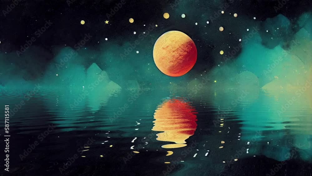 Paper Moon lake rippling trippy vj seamless looping animations, weird surreal dreamscape abstract for music visualizers, acid flashback montages, strange and glitchy effects that hypnotize and inspire