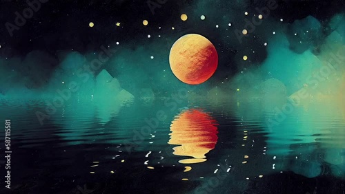 Paper Moon lake rippling trippy vj seamless looping animations, weird surreal dreamscape abstract for music visualizers, acid flashback montages, strange and glitchy effects that hypnotize and inspire