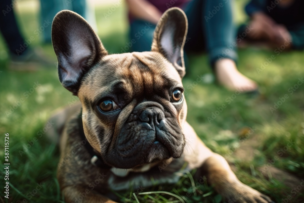 A cute French bulldog is laying on the lawn with her owner, playing. Generative AI