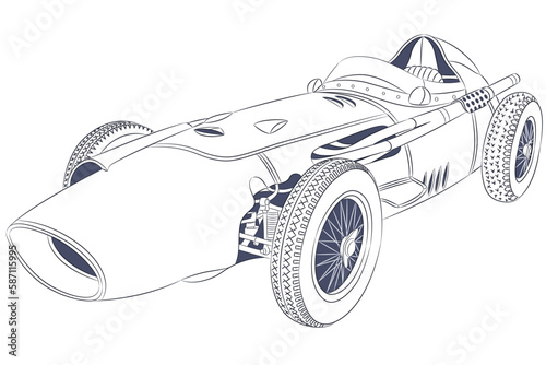 Black and white drawing of an old racing sports car.
