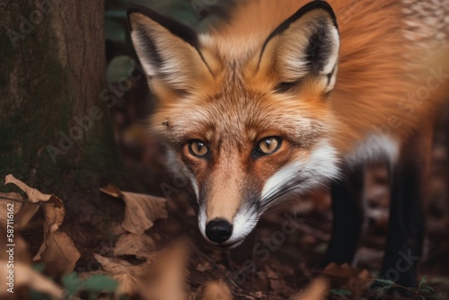 Gorgeous red fox peeks and looks around. Generative AI © AkuAku