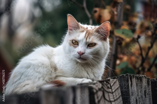 cat on a fence with a background of a photo. Generative AI