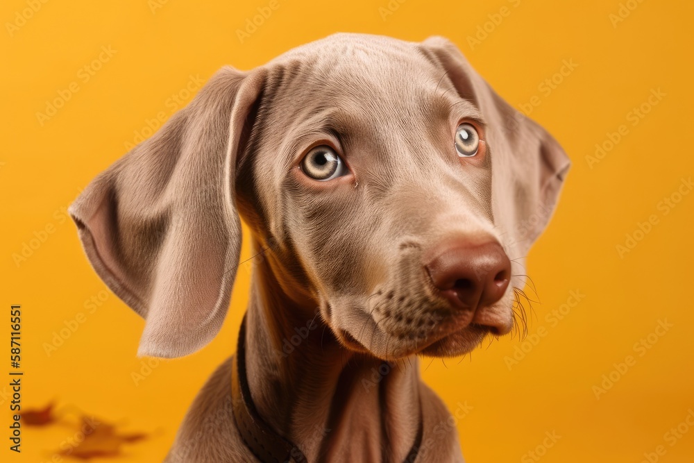 On a yellow background, an adorable Weimaraner puppy is depicted. Generative AI On a yellow background, an adorable Weimaraner puppy is depicted. Generative AI