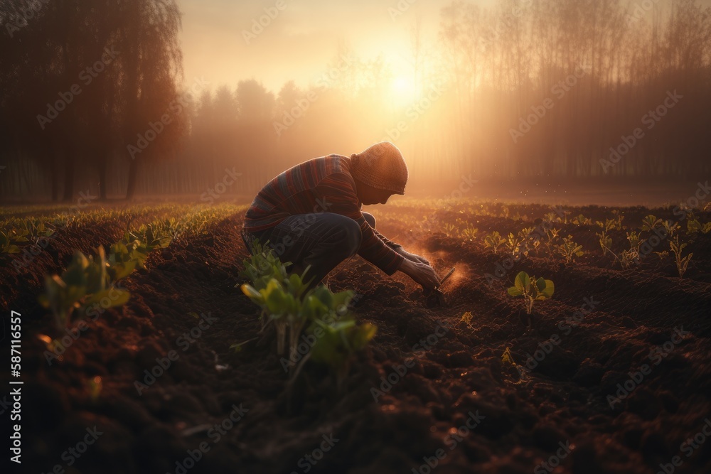 Fototapeta premium Male hands touching soil on the field during sunset. Farmer is checking soil quality before sowing Generative AI