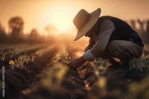 Male hands touching soil on the field during sunset. Farmer is checking soil quality before sowing Generative AI © ChaoticMind
