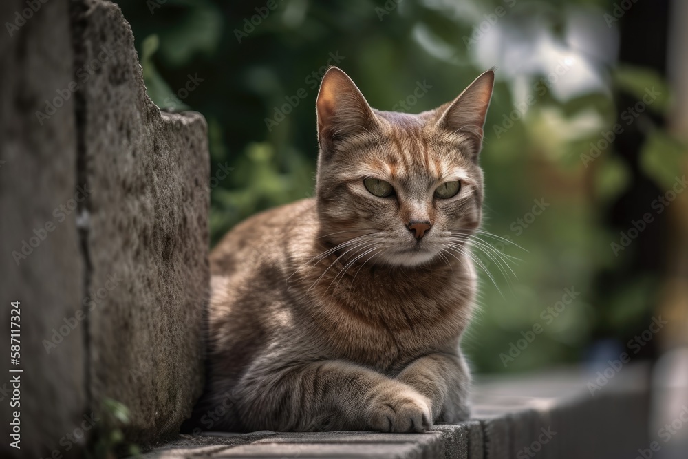 Brown cat is perched on the fence's wall on a patch of green grass and gray asphalt. Generative AI