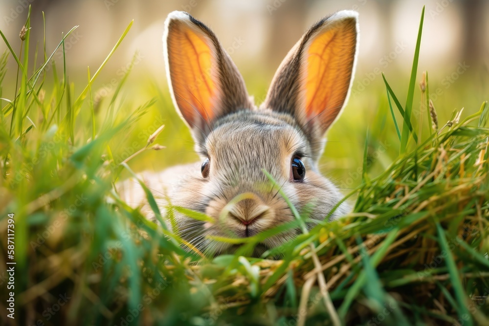 cute rabbit enjoying the green grass. Generative AI cute rabbit enjoying the green grass. Generative AI