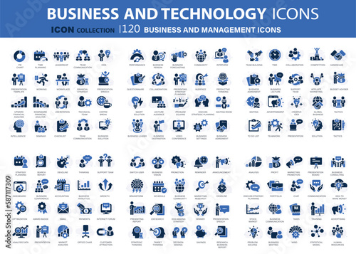 120 Business and management icon set. Icons for leadership, teamwork, job and work, statistics, analytics and advertising. Flat vector illustration. Blue icon for business collection