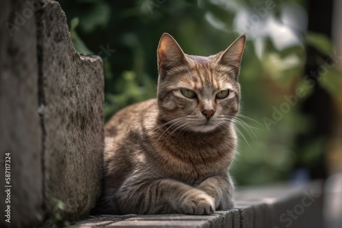 Brown cat is perched on the fence's wall on a patch of green grass and gray asphalt. Generative AI © AkuAku