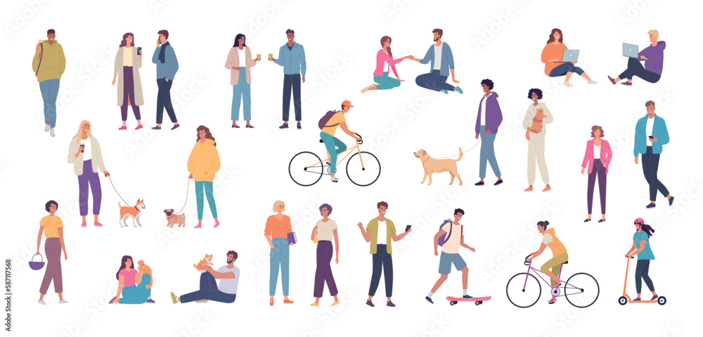 Different people meet, walk, talk, play with pets, ride bikes