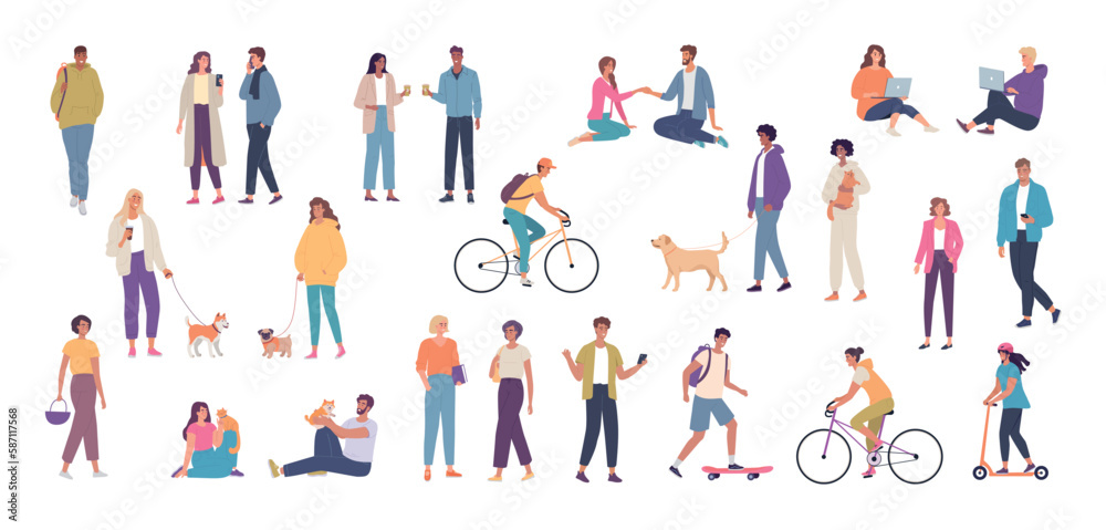 Different people meet, walk, talk, play with pets, ride bikes Different people meet, walk, talk, play with pets, ride bikes