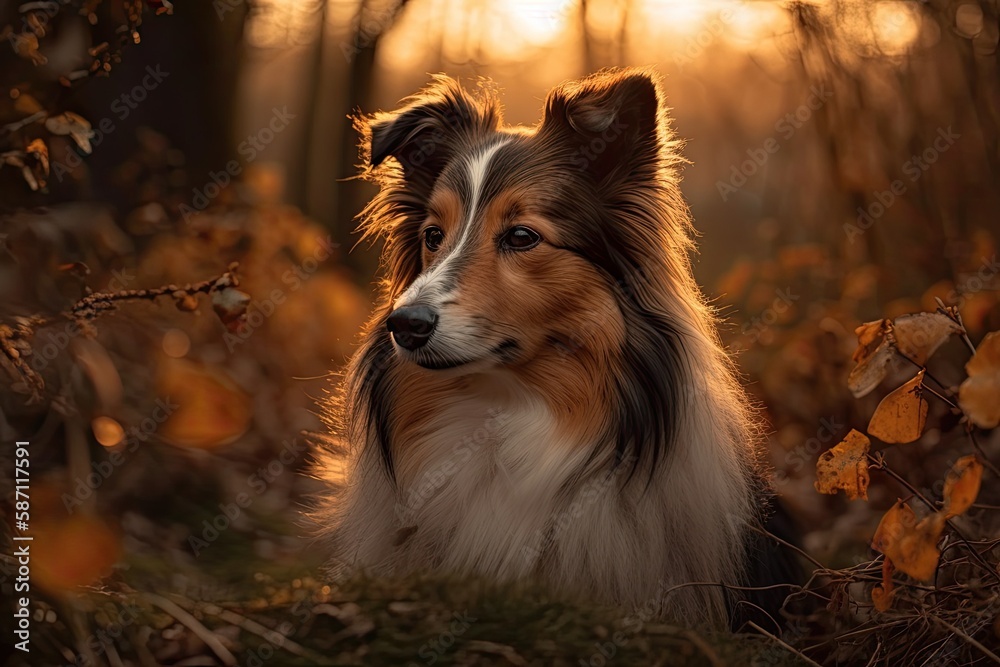 Naklejka premium Shetland Sheepdog resting in front of a sunset. Generative AI