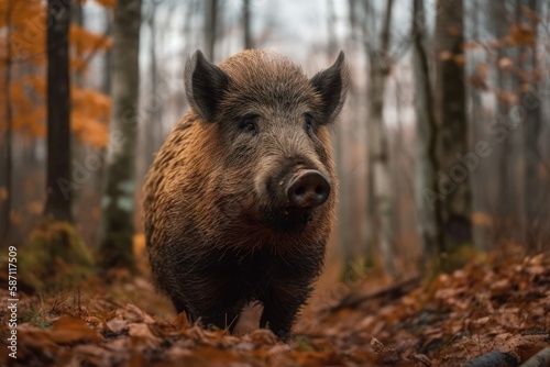 Free ranging wild boar in a Canadian province of Quebec woodland. Generative AI