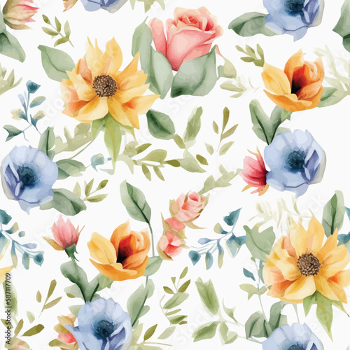 Vintage Watercolor Floral Vector Pattern Seamless Romantic Charming