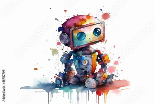 Cute Robot Watercolor. Generative AI