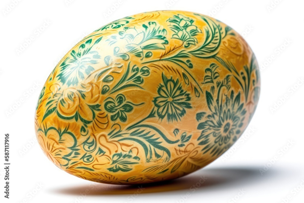 painted egg with yellow and green colors on a white background. Generative AI painted egg with yellow and green colors on a white background. Generative AI