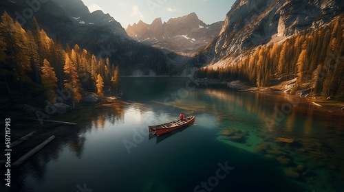 serene mountain lake surrounded by towering peaks  with a small boat drifting in the calm waters