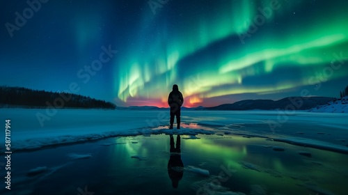 standing at the edge of a frozen lake with northern lights dancing in the sky © Lewin