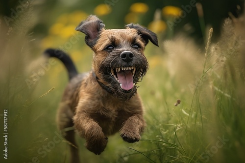 Border Terrier jumping in joy runing to the camera
