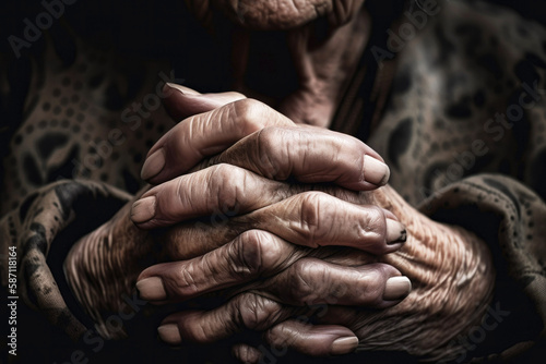 Close up of male wrinkled hands, old man is wearing. generative ai.