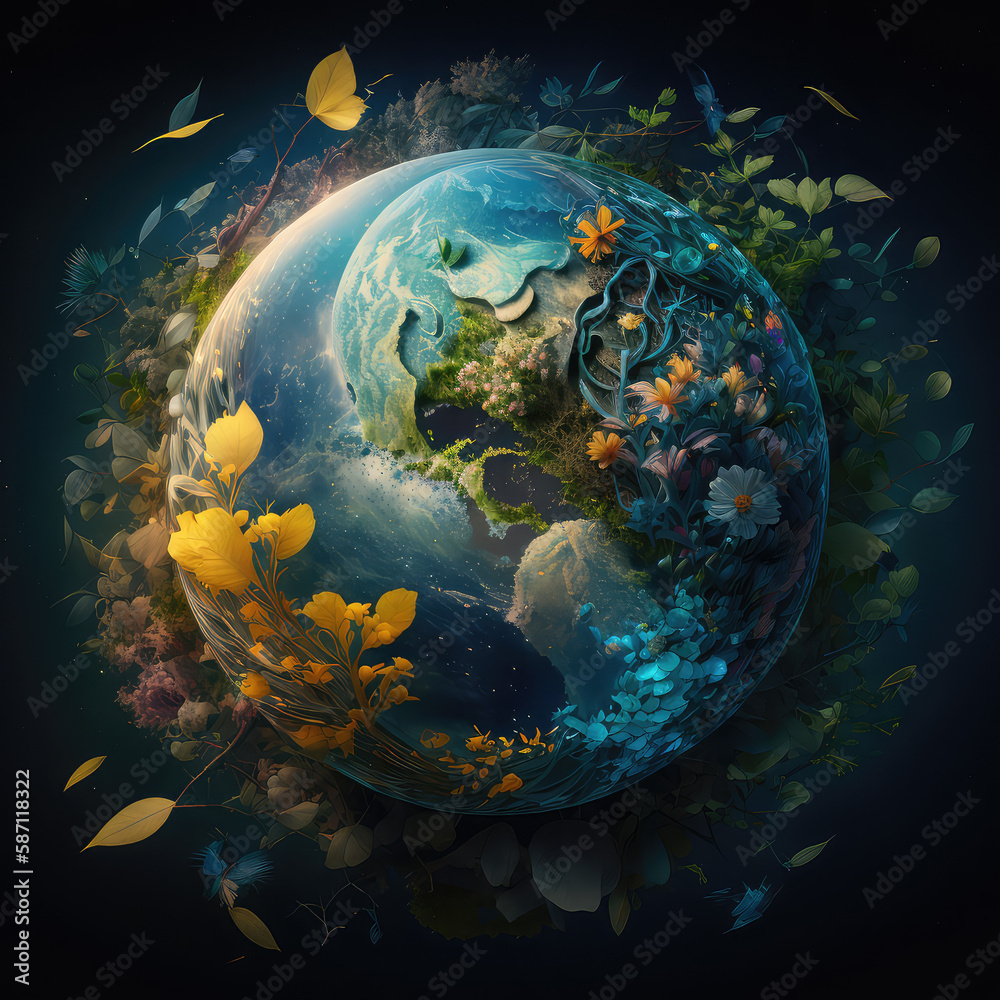 Earth day concept. Fantastic exoplanet with different flowers, water, continents, fresh green sprouts collage on dark background. Green planet creative concept. AI generative