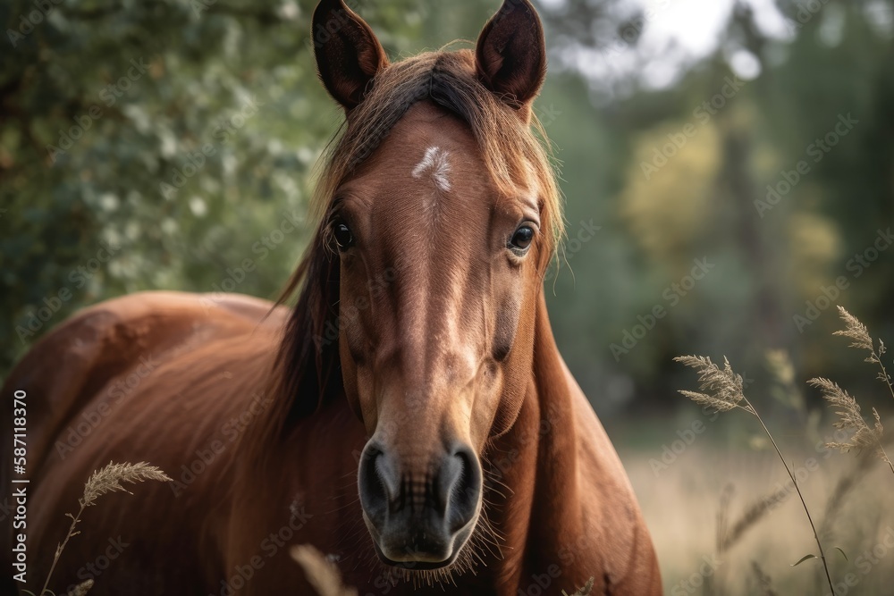 Obraz premium Gorgeous front photograph of a brown horse with its eyes open and facing the camera. His coat is spotless, shining, and the background is fuzzy. Generative AI