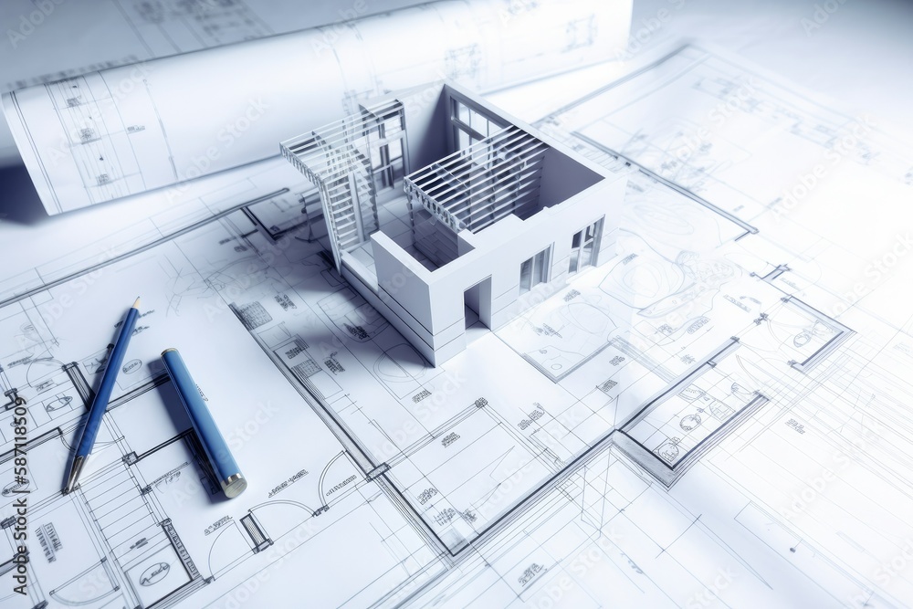 Plan and sketch of a modern detached house arhitect blueprint. Generative ai. Plan and sketch of a modern detached house arhitect blueprint. Generative ai.