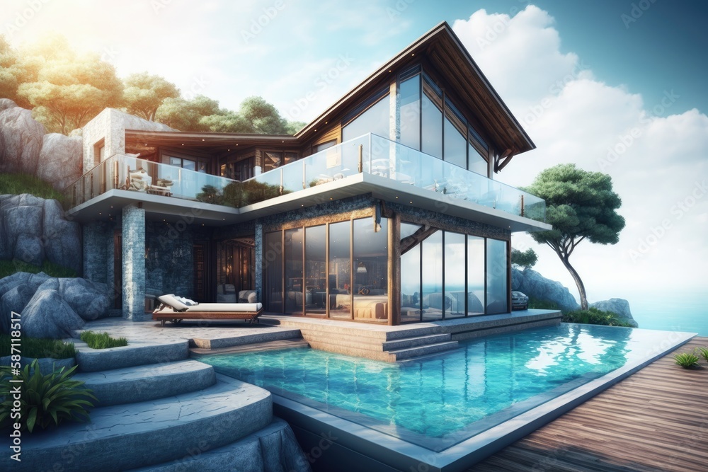 luxury villa house and swimming pool on terrace. Generative ai.