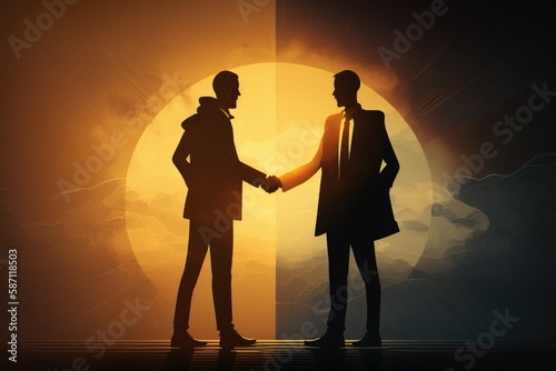 Business two persons full body handshake on finance prosperity and money technology asset background. Illustration. Generative ai.