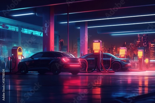 Electric car charging at a gas station in the city, industrial landscape, neon elements, healthy environment without harmful emissions. Eco concept. Generative ai.