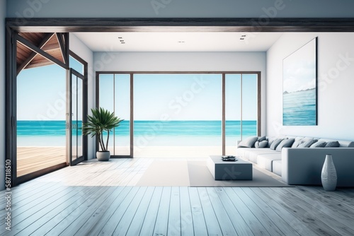 Sea view empty large living room of luxury summer beach house with swimming pool near wooden terrace. Big white wall background in vacation home or holiday villa. Generative ai. © VisualProduction
