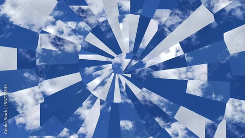 Sky glitch spiralling spinning tornado surreal cyclone of blue sky and colorful fractals, texture background animation for vj, dj music visualizer