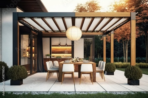 Modern patio furniture include a pergola shade structure, an awning, a patio roof, a dining table, seats, and a metal grill. Generative ai. photo