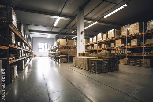 A large clean warehouse with shelfs, carboard boxes and products. Generative ai. photo