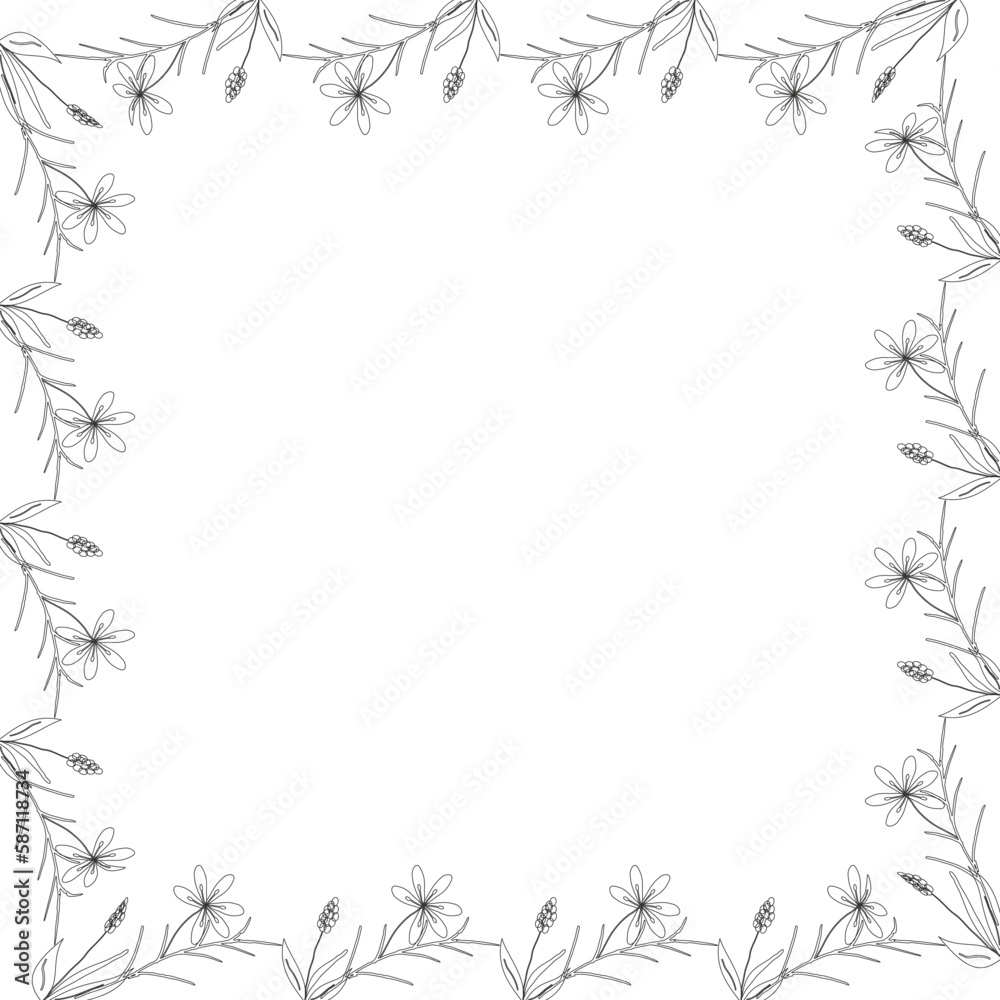 Template frame of spring flowers line art on a white background. Square. Floral design for wedding invitation, banner, poster.