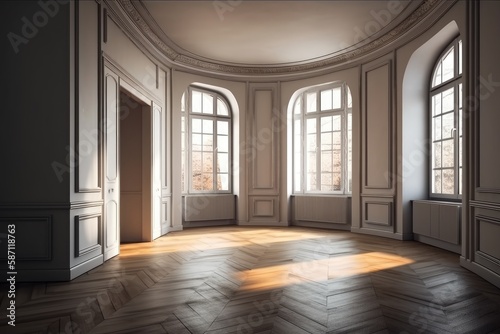 empty room with large windows and natural light. Generative AI