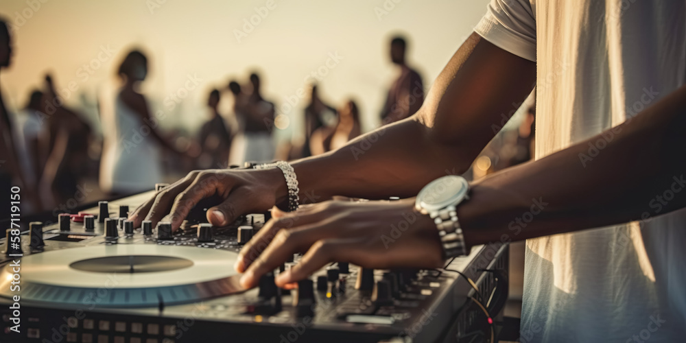 Party on the beach. Dj mixing outdoor at beach party festival with crowd of people in background. Disc jockey playing music on beach.  Event, music and fun concept - obrazy, fototapety, plakaty 