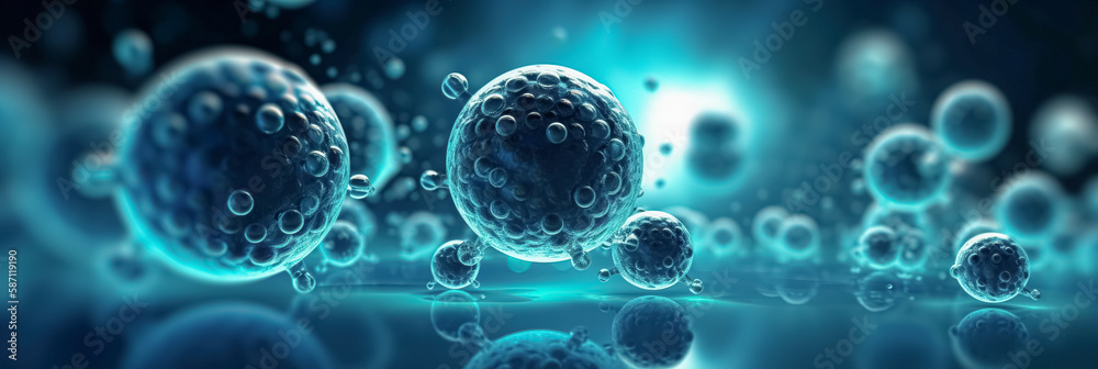 Abstract bacteria, probiotics, gram positive bacteria bacteria and viruses of various shapes against a light background. Concept of science, medicine. wide panoramic banner.