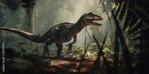 a photography of a Velociraptor in the jungle