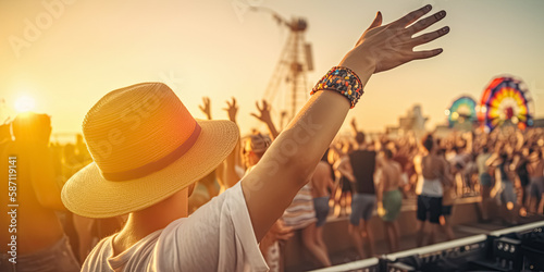 Blurred people having sunset beach party in summer vacation. Young people enjoying summer event. Bokeh People have fun on a beach.   photo