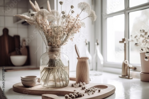 Dry flowers in a vase. Minimalist Scandinavian kitchen with white and wood features. Photograph. Homely. Generative AI photo