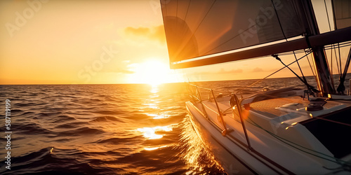 Yacht sailing in an open sea at sunset. Close-up view of the deck  mast and sails.