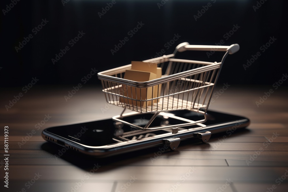 Shopping cart with empty smartphone screen on a yellow background Generative AI