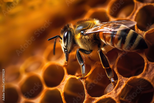 group of bee on the honeycomb producing honey