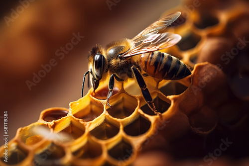 group of bee on the honeycomb producing honey