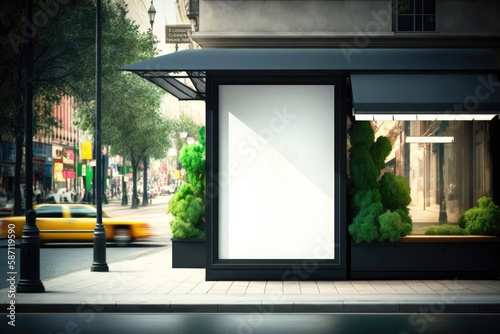 Mockup of blank advertising light box in the city. Generative ai