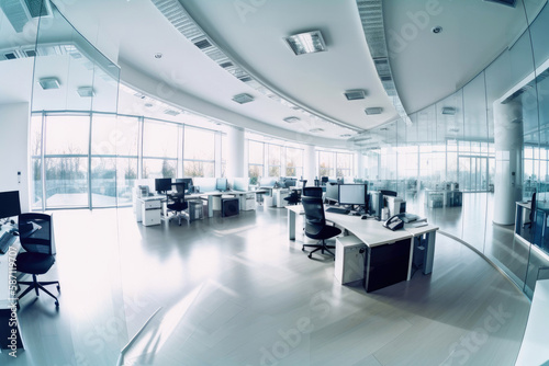 cooworking glass office space, few people meeting in the distance, ultra wide angle, bright image. Generative ai © VisualProduction